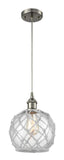 516-1P-SN-G122-8RW Cord Hung 8" Brushed Satin Nickel Mini Pendant - Clear Farmhouse Glass with White Rope Glass - LED Bulb - Dimmensions: 8 x 8 x 10<br>Minimum Height : 13.75<br>Maximum Height : 131.75 - Sloped Ceiling Compatible: Yes