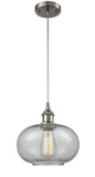 516-1P-SN-G247 Cord Hung 9.5" Brushed Satin Nickel Mini Pendant - Charcoal Gorham Glass - LED Bulb - Dimmensions: 9.5 x 9.5 x 11<br>Minimum Height : 13.75<br>Maximum Height : 131.75 - Sloped Ceiling Compatible: Yes