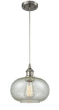 516-1P-SN-G249 Cord Hung 9.5" Brushed Satin Nickel Mini Pendant - Mica Gorham Glass - LED Bulb - Dimmensions: 9.5 x 9.5 x 11<br>Minimum Height : 13.75<br>Maximum Height : 131.75 - Sloped Ceiling Compatible: Yes