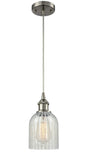 516-1P-SN-G2511 Cord Hung 5" Brushed Satin Nickel Mini Pendant - Mouchette Caledonia Glass - LED Bulb - Dimmensions: 5 x 5 x 10<br>Minimum Height : 12.75<br>Maximum Height : 130.75 - Sloped Ceiling Compatible: Yes