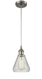 516-1P-SN-G275 Cord Hung 6" Brushed Satin Nickel Mini Pendant - Clear Crackle Conesus Glass - LED Bulb - Dimmensions: 6 x 6 x 10<br>Minimum Height : 13.75<br>Maximum Height : 131.75 - Sloped Ceiling Compatible: Yes