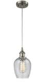516-1P-SN-G292 Cord Hung 5" Brushed Satin Nickel Mini Pendant - Clear Spiral Fluted Salina Glass - LED Bulb - Dimmensions: 5 x 5 x 10<br>Minimum Height : 12.75<br>Maximum Height : 130.75 - Sloped Ceiling Compatible: Yes