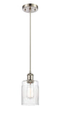 516-1P-SN-G342 Cord Hung 4.5" Brushed Satin Nickel Mini Pendant - Clear Hadley Glass - LED Bulb - Dimmensions: 4.5 x 4.5 x 8<br>Minimum Height : 12.75<br>Maximum Height : 130.75 - Sloped Ceiling Compatible: Yes