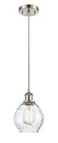 516-1P-SN-G362 Cord Hung 6" Brushed Satin Nickel Mini Pendant - Clear Small Waverly Glass - LED Bulb - Dimmensions: 6 x 6 x 9<br>Minimum Height : 12.75<br>Maximum Height : 130.75 - Sloped Ceiling Compatible: Yes