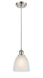 516-1P-SN-G381 Cord Hung 6" Brushed Satin Nickel Mini Pendant - White Castile Glass - LED Bulb - Dimmensions: 6 x 6 x 9<br>Minimum Height : 12.75<br>Maximum Height : 130.75 - Sloped Ceiling Compatible: Yes