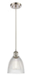 516-1P-SN-G382 Cord Hung 6" Brushed Satin Nickel Mini Pendant - Clear Castile Glass - LED Bulb - Dimmensions: 6 x 6 x 9<br>Minimum Height : 12.75<br>Maximum Height : 130.75 - Sloped Ceiling Compatible: Yes