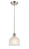 516-1P-SN-G411 Cord Hung 5.5" Brushed Satin Nickel Mini Pendant - White Dayton Glass - LED Bulb - Dimmensions: 5.5 x 5.5 x 8.5<br>Minimum Height : 12.75<br>Maximum Height : 130.75 - Sloped Ceiling Compatible: Yes