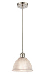 516-1P-SN-G422 Cord Hung 8" Brushed Satin Nickel Mini Pendant - Clear Arietta Glass - LED Bulb - Dimmensions: 8 x 8 x 8<br>Minimum Height : 12.75<br>Maximum Height : 130.75 - Sloped Ceiling Compatible: Yes