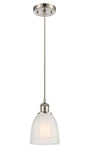 516-1P-SN-G441 Cord Hung 5.75" Brushed Satin Nickel Mini Pendant - White Brookfield Glass - LED Bulb - Dimmensions: 5.75 x 5.75 x 8<br>Minimum Height : 12.75<br>Maximum Height : 130.75 - Sloped Ceiling Compatible: Yes