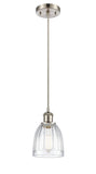 516-1P-SN-G442 Cord Hung 5.75" Brushed Satin Nickel Mini Pendant - Clear Brookfield Glass - LED Bulb - Dimmensions: 5.75 x 5.75 x 8<br>Minimum Height : 12.75<br>Maximum Height : 130.75 - Sloped Ceiling Compatible: Yes