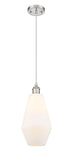 516-1P-SN-G651-7 Cord Hung 7" Brushed Satin Nickel Mini Pendant - Cased Matte White Cindyrella 7" Glass - LED Bulb - Dimmensions: 7 x 7 x 14.5<br>Minimum Height : 17.5<br>Maximum Height : 134.5 - Sloped Ceiling Compatible: Yes