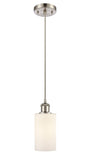 516-1P-SN-G801 Cord Hung 3.875" Brushed Satin Nickel Mini Pendant - Matte White Clymer Glass - LED Bulb - Dimmensions: 3.875 x 3.875 x 10<br>Minimum Height : 12.75<br>Maximum Height : 130.75 - Sloped Ceiling Compatible: Yes