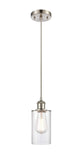 516-1P-SN-G802 Cord Hung 3.875" Brushed Satin Nickel Mini Pendant - Clear Clymer Glass - LED Bulb - Dimmensions: 3.875 x 3.875 x 10<br>Minimum Height : 12.75<br>Maximum Height : 130.75 - Sloped Ceiling Compatible: Yes