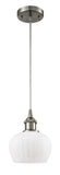 516-1P-SN-G91 Cord Hung 6.5" Brushed Satin Nickel Mini Pendant - Matte White Fenton Glass - LED Bulb - Dimmensions: 6.5 x 6.5 x 7.5<br>Minimum Height : 11.25<br>Maximum Height : 129.25 - Sloped Ceiling Compatible: Yes
