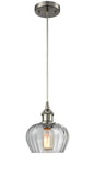 516-1P-SN-G92 Cord Hung 6.5" Brushed Satin Nickel Mini Pendant - Clear Fenton Glass - LED Bulb - Dimmensions: 6.5 x 6.5 x 7.5<br>Minimum Height : 11.25<br>Maximum Height : 129.25 - Sloped Ceiling Compatible: Yes