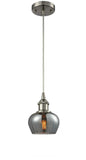 516-1P-SN-G93 Cord Hung 6.5" Brushed Satin Nickel Mini Pendant - Plated Smoke Fenton Glass - LED Bulb - Dimmensions: 6.5 x 6.5 x 7.5<br>Minimum Height : 11.25<br>Maximum Height : 129.25 - Sloped Ceiling Compatible: Yes