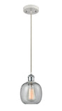 516-1P-WPC-G104 Cord Hung 6" White and Polished Chrome Mini Pendant - Seedy Belfast Glass - LED Bulb - Dimmensions: 6 x 6 x 9<br>Minimum Height : 12.75<br>Maximum Height : 130.75 - Sloped Ceiling Compatible: Yes