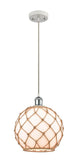 516-1P-WPC-G121-10RB Cord Hung 10" White and Polished Chrome Mini Pendant - White Large Farmhouse Glass with Brown Rope Glass - LED Bulb - Dimmensions: 10 x 10 x 13<br>Minimum Height : 15.75<br>Maximum Height : 133.75 - Sloped Ceiling Compatible: Yes