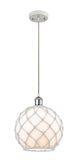 516-1P-WPC-G121-10RW Cord Hung 10" White and Polished Chrome Mini Pendant - White Large Farmhouse Glass with White Rope Glass - LED Bulb - Dimmensions: 10 x 10 x 13<br>Minimum Height : 15.75<br>Maximum Height : 133.75 - Sloped Ceiling Compatible: Yes