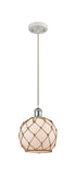 516-1P-WPC-G121-8RB Cord Hung 8" White and Polished Chrome Mini Pendant - White Farmhouse Glass with Brown Rope Glass - LED Bulb - Dimmensions: 8 x 8 x 10<br>Minimum Height : 13.75<br>Maximum Height : 131.75 - Sloped Ceiling Compatible: Yes