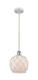 516-1P-WPC-G121-8RW Cord Hung 8" White and Polished Chrome Mini Pendant - White Farmhouse Glass with White Rope Glass - LED Bulb - Dimmensions: 8 x 8 x 10<br>Minimum Height : 13.75<br>Maximum Height : 131.75 - Sloped Ceiling Compatible: Yes