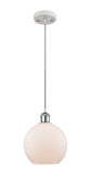 516-1P-WPC-G121-8 Cord Hung 8" White and Polished Chrome Mini Pendant - Cased Matte White Athens Glass - LED Bulb - Dimmensions: 8 x 8 x 10<br>Minimum Height : 13.75<br>Maximum Height : 131.75 - Sloped Ceiling Compatible: Yes