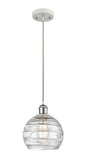 516-1P-WPC-G1213-8 Cord Hung 8" White and Polished Chrome Mini Pendant - Clear Athens Deco Swirl 8" Glass - LED Bulb - Dimmensions: 8 x 8 x 10<br>Minimum Height : 13.75<br>Maximum Height : 131.75 - Sloped Ceiling Compatible: Yes