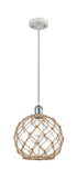516-1P-WPC-G122-10RB Cord Hung 10" White and Polished Chrome Mini Pendant - Clear Large Farmhouse Glass with Brown Rope Glass - LED Bulb - Dimmensions: 10 x 10 x 13<br>Minimum Height : 15.75<br>Maximum Height : 133.75 - Sloped Ceiling Compatible: Yes