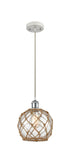 516-1P-WPC-G122-8RB Cord Hung 8" White and Polished Chrome Mini Pendant - Clear Farmhouse Glass with Brown Rope Glass - LED Bulb - Dimmensions: 8 x 8 x 10<br>Minimum Height : 13.75<br>Maximum Height : 131.75 - Sloped Ceiling Compatible: Yes