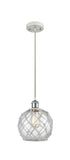 516-1P-WPC-G122-8RW Cord Hung 8" White and Polished Chrome Mini Pendant - Clear Farmhouse Glass with White Rope Glass - LED Bulb - Dimmensions: 8 x 8 x 10<br>Minimum Height : 13.75<br>Maximum Height : 131.75 - Sloped Ceiling Compatible: Yes