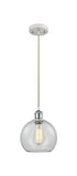 516-1P-WPC-G122-8 Cord Hung 8" White and Polished Chrome Mini Pendant - Clear Athens Glass - LED Bulb - Dimmensions: 8 x 8 x 10<br>Minimum Height : 13.75<br>Maximum Height : 131.75 - Sloped Ceiling Compatible: Yes