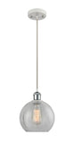 516-1P-WPC-G125-8 Cord Hung 8" White and Polished Chrome Mini Pendant - Clear Crackle Athens Glass - LED Bulb - Dimmensions: 8 x 8 x 10<br>Minimum Height : 13.75<br>Maximum Height : 131.75 - Sloped Ceiling Compatible: Yes