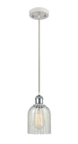 516-1P-WPC-G2511 Cord Hung 5" White and Polished Chrome Mini Pendant - Mouchette Caledonia Glass - LED Bulb - Dimmensions: 5 x 5 x 10<br>Minimum Height : 12.75<br>Maximum Height : 130.75 - Sloped Ceiling Compatible: Yes