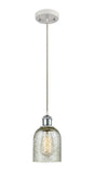 516-1P-WPC-G259 Cord Hung 5" White and Polished Chrome Mini Pendant - Mica Caledonia Glass - LED Bulb - Dimmensions: 5 x 5 x 10<br>Minimum Height : 12.75<br>Maximum Height : 130.75 - Sloped Ceiling Compatible: Yes