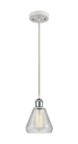 516-1P-WPC-G275 Cord Hung 6" White and Polished Chrome Mini Pendant - Clear Crackle Conesus Glass - LED Bulb - Dimmensions: 6 x 6 x 10<br>Minimum Height : 13.75<br>Maximum Height : 131.75 - Sloped Ceiling Compatible: Yes