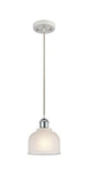 516-1P-WPC-G411 Cord Hung 5.5" White and Polished Chrome Mini Pendant - White Dayton Glass - LED Bulb - Dimmensions: 5.5 x 5.5 x 8.5<br>Minimum Height : 12.75<br>Maximum Height : 130.75 - Sloped Ceiling Compatible: Yes