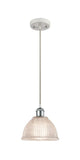 516-1P-WPC-G422 Cord Hung 8" White and Polished Chrome Mini Pendant - Clear Arietta Glass - LED Bulb - Dimmensions: 8 x 8 x 8<br>Minimum Height : 12.75<br>Maximum Height : 130.75 - Sloped Ceiling Compatible: Yes