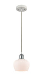516-1P-WPC-G91 Cord Hung 6.5" White and Polished Chrome Mini Pendant - Matte White Fenton Glass - LED Bulb - Dimmensions: 6.5 x 6.5 x 7.5<br>Minimum Height : 11.25<br>Maximum Height : 129.25 - Sloped Ceiling Compatible: Yes