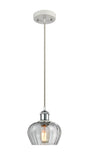 516-1P-WPC-G92 Cord Hung 6.5" White and Polished Chrome Mini Pendant - Clear Fenton Glass - LED Bulb - Dimmensions: 6.5 x 6.5 x 7.5<br>Minimum Height : 11.25<br>Maximum Height : 129.25 - Sloped Ceiling Compatible: Yes