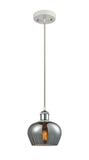 516-1P-WPC-G93 Cord Hung 6.5" White and Polished Chrome Mini Pendant - Plated Smoke Fenton Glass - LED Bulb - Dimmensions: 6.5 x 6.5 x 7.5<br>Minimum Height : 11.25<br>Maximum Height : 129.25 - Sloped Ceiling Compatible: Yes