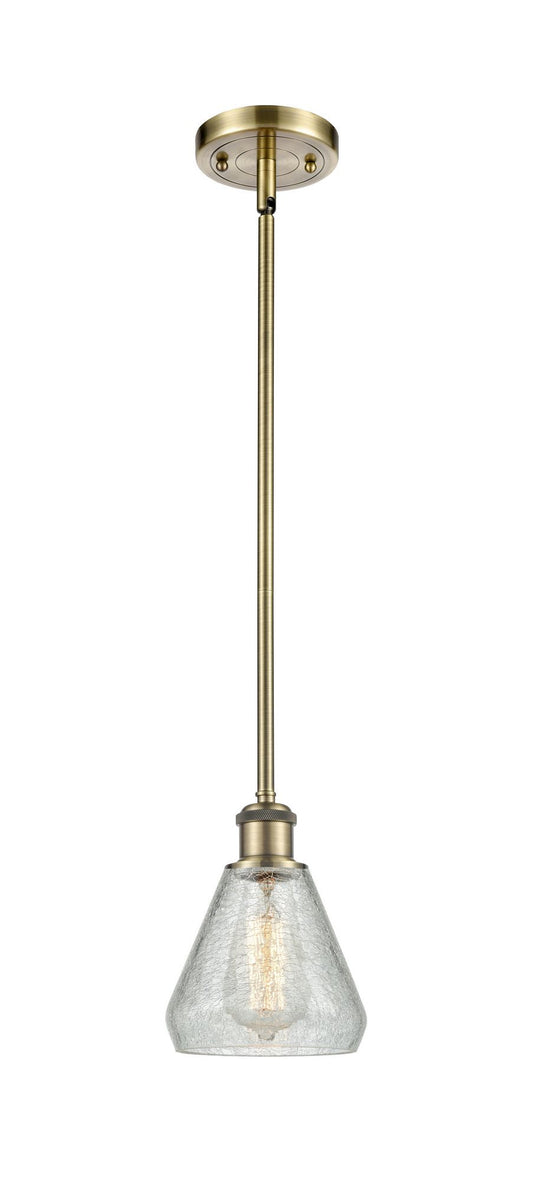 Stem Hung 6" Antique Brass Mini Pendant - Clear Crackle Conesus Glass LED