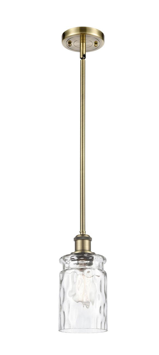 516-1S-AB-G352 Stem Hung 4.75" Antique Brass Mini Pendant - Clear Waterglass Candor Glass - LED Bulb - Dimmensions: 4.75 x 4.75 x 9.5<br>Minimum Height : 18.75<br>Maximum Height : 42.75 - Sloped Ceiling Compatible: Yes