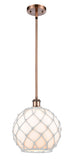Stem Hung 10" Antique Copper Mini Pendant - White Large Farmhouse Glass with White Rope Glass LED