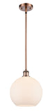 516-1S-AC-G121-10 Stem Hung 10" Antique Copper Mini Pendant - Cased Matte White Large Athens Glass - LED Bulb - Dimmensions: 10 x 10 x 13<br>Minimum Height : 20.75<br>Maximum Height : 44.75 - Sloped Ceiling Compatible: Yes