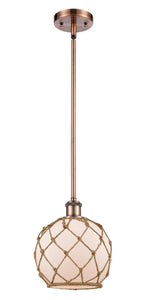 Stem Hung 8" Antique Brass Mini Pendant - White Farmhouse Glass with Brown Rope Glass LED
