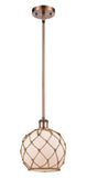 516-1S-AC-G121-8RB Stem Hung 8" Antique Copper Mini Pendant - White Farmhouse Glass with Brown Rope Glass - LED Bulb - Dimmensions: 8 x 8 x 10<br>Minimum Height : 18.75<br>Maximum Height : 42.75 - Sloped Ceiling Compatible: Yes