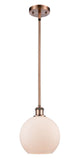 516-1S-AC-G121-8 Stem Hung 8" Antique Copper Mini Pendant - Cased Matte White Athens Glass - LED Bulb - Dimmensions: 8 x 8 x 10<br>Minimum Height : 18.75<br>Maximum Height : 42.75 - Sloped Ceiling Compatible: Yes