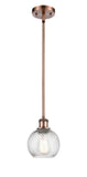 516-1S-AC-G1214-6 Stem Hung 6" Antique Copper Mini Pendant - Clear Athens Twisted Swirl 6" Glass - LED Bulb - Dimmensions: 6 x 6 x 8<br>Minimum Height : 18.75<br>Maximum Height : 42.75 - Sloped Ceiling Compatible: Yes