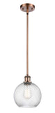 516-1S-AC-G1214-8 Stem Hung 8" Antique Copper Mini Pendant - Clear Athens Twisted Swirl 8" Glass - LED Bulb - Dimmensions: 8 x 8 x 10<br>Minimum Height : 18.75<br>Maximum Height : 42.75 - Sloped Ceiling Compatible: Yes