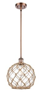 Stem Hung 10" Antique Brass Mini Pendant - Clear Large Farmhouse Glass with Brown Rope Glass LED